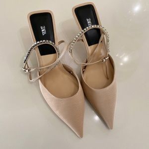 Zara, nude pumps, rhinestone strap